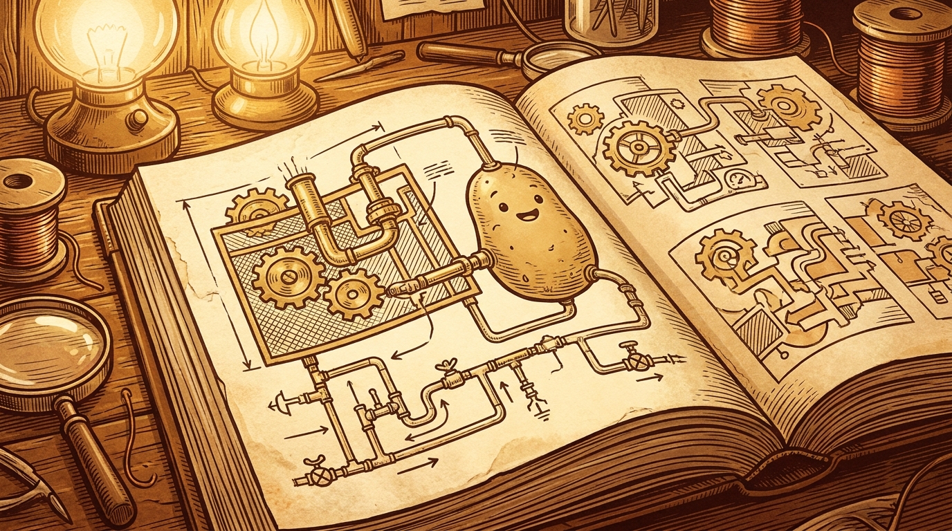 An engineer's blueprint of pipes and brass gears connecting into a potato, an integration schematic