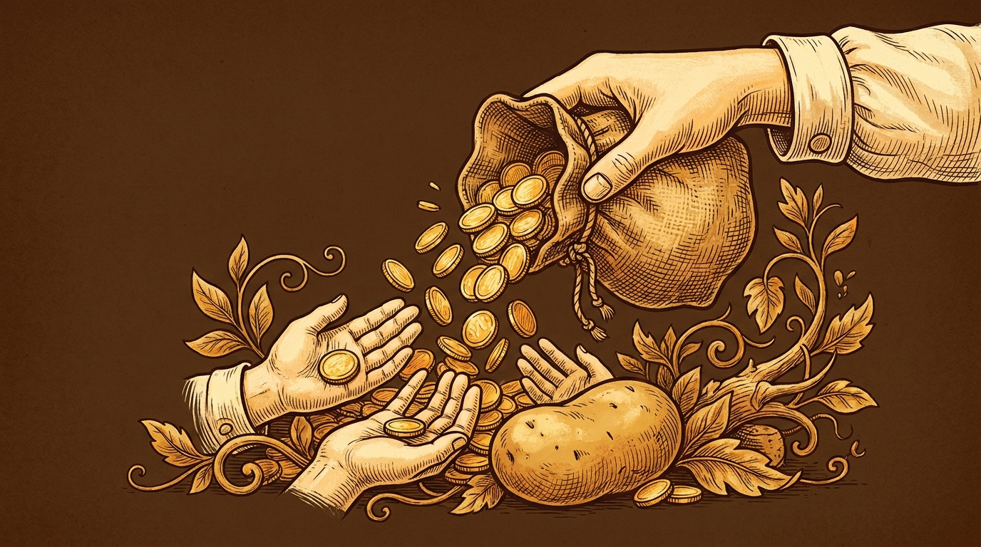 A burlap purse pouring a stream of golden coins down into open cupped hands, shared earnings