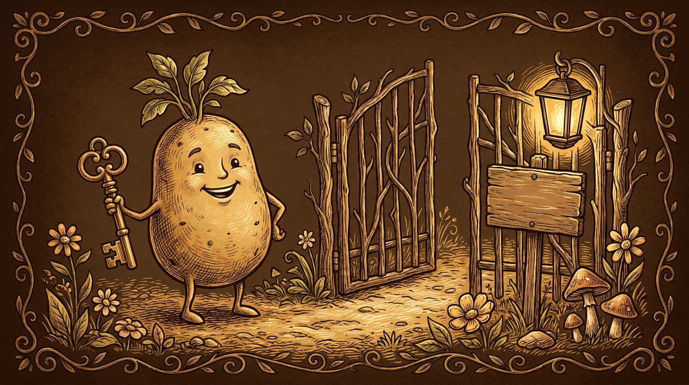 A potato character at an open gate holding a large brass key beside a signpost and a lantern
