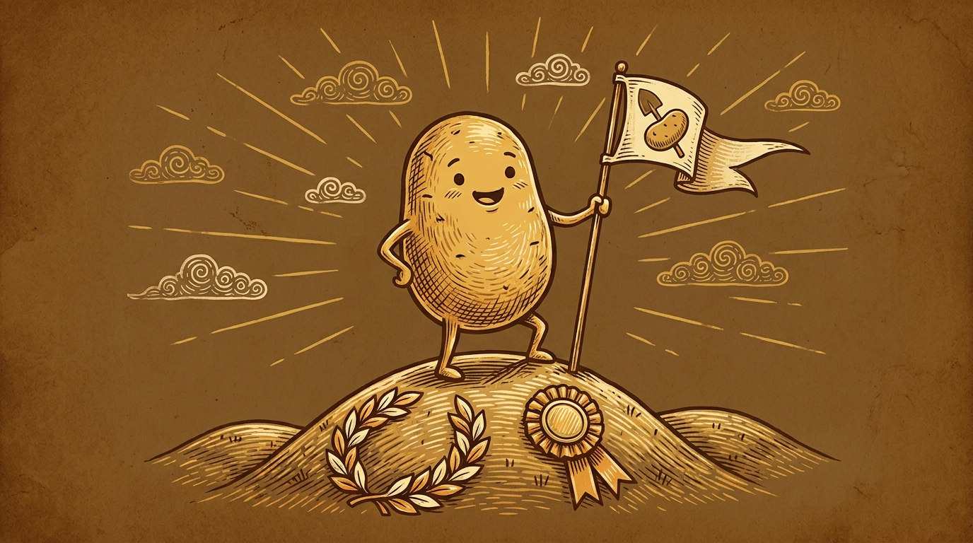 A potato planting a pennant flag atop a hill with a laurel wreath and medal, a milestone