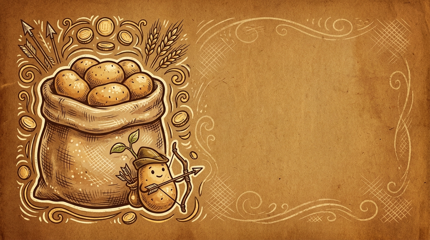 A burlap sack overflowing with golden potatoes beside a small Robin Hood potato drawing a bow, in a warm almanac woodcut style