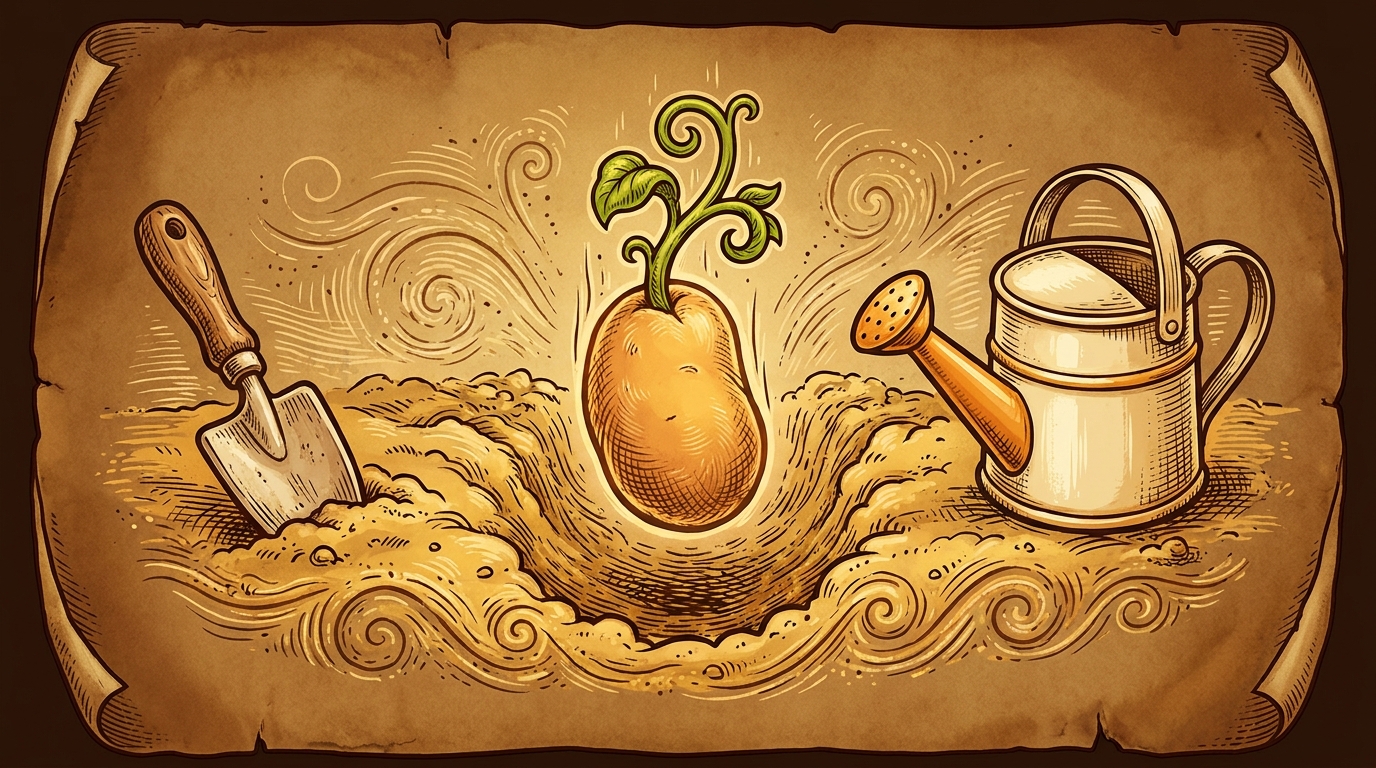 A seed potato being planted in soil and sprouting a green shoot, the moment of launch