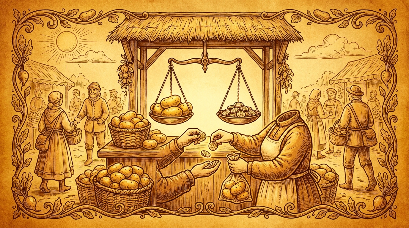 A market stall with a balance scale weighing potatoes against a stack of coins